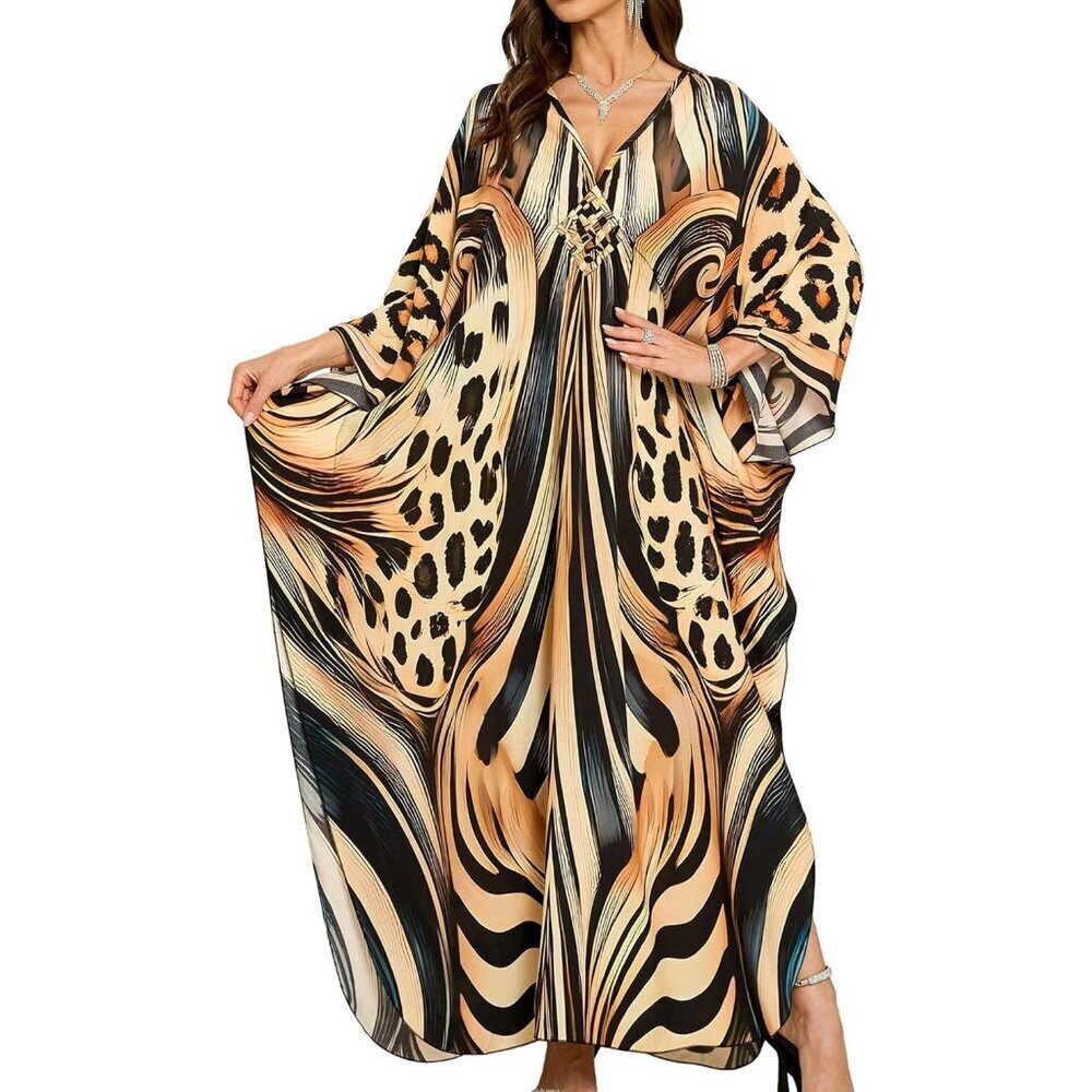 Women's Zebra Leopard Spot V-Neck Batwing Sleeves Summer Cover Up Kaftan Dress